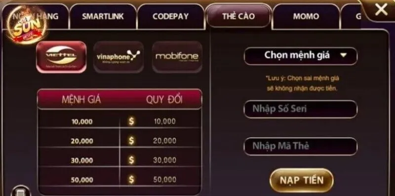 Các phương thức nạp tiền phổ biến tại cổng game Sunwin